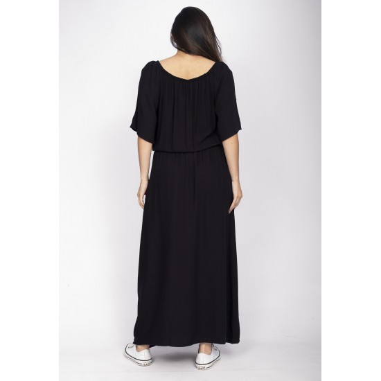Vestido Midi Viscose Ciganinha com Lapela Preto