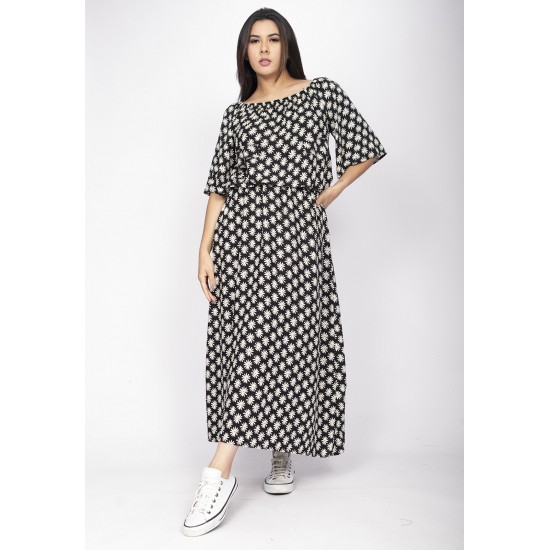 Vestido Midi Viscose Ciganinha com Lapela Estampa Encanto das Margaridas