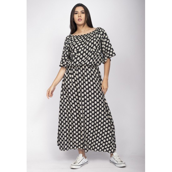 Vestido Midi Viscose Ciganinha com Lapela Estampa Encanto das Margaridas
