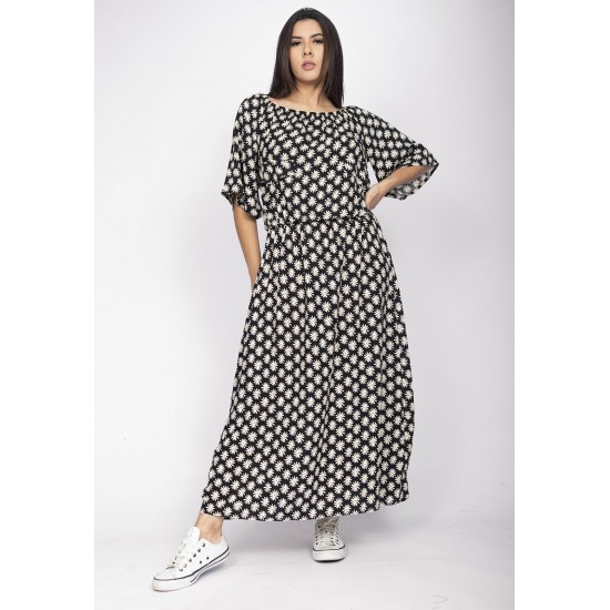 Vestido Midi Viscose Ciganinha com Lapela Estampa Encanto das Margaridas