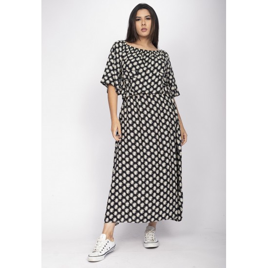 Vestido Midi Viscose Ciganinha com Lapela Estampa Encanto das Margaridas