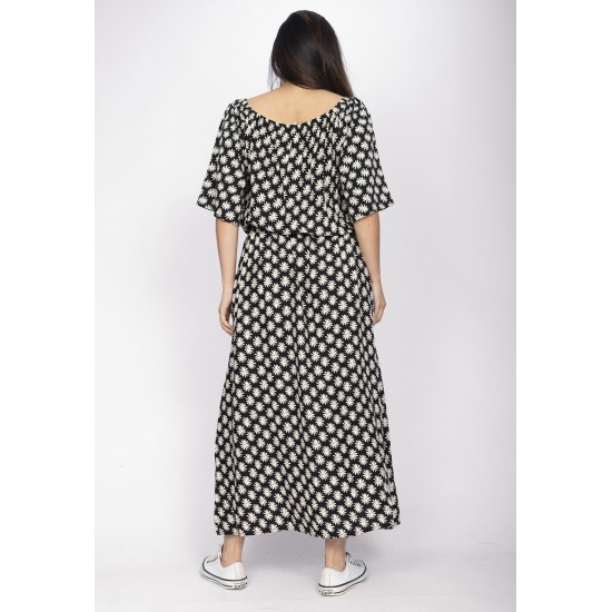Vestido Midi Viscose Ciganinha com Lapela Estampa Encanto das Margaridas