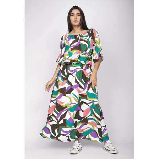 Vestido Midi Viscose Ciganinha com Lapela Estampa Encanto Botânico