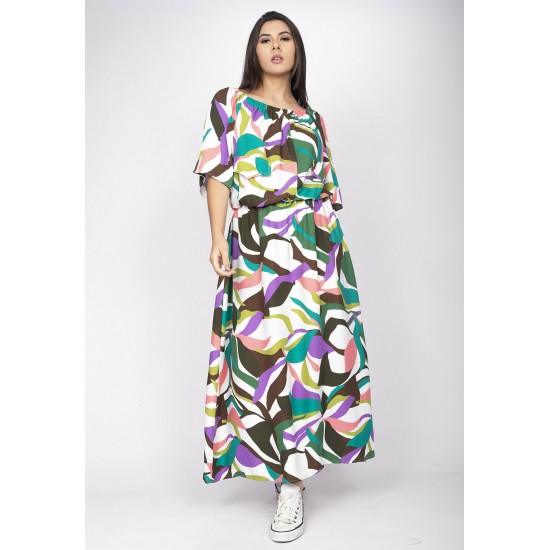 Vestido Midi Viscose Ciganinha com Lapela Estampa Encanto Botânico