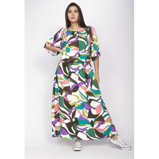 Vestido Midi Viscose Ciganinha com Lapela Estampa Encanto Botânico
