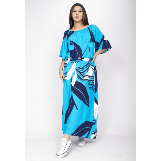 Vestido Midi Viscose Ciganinha com Lapela Estampa Imbé Blue