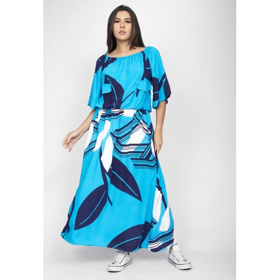 Vestido Midi Viscose Ciganinha com Lapela Estampa Imbé Blue