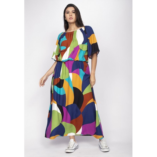 Vestido Midi Viscose Ciganinha com Lapela Estampa Jardim Azul