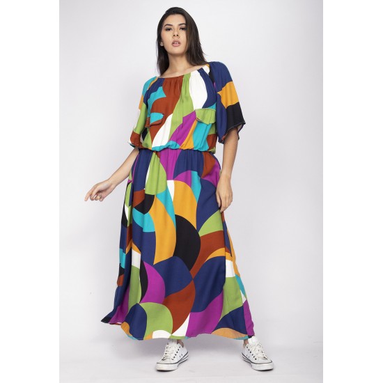 Vestido Midi Viscose Ciganinha com Lapela Estampa Jardim Azul