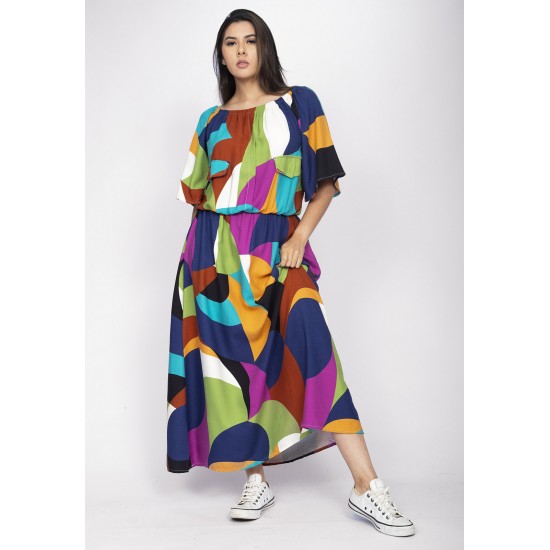 Vestido Midi Viscose Ciganinha com Lapela Estampa Jardim Azul