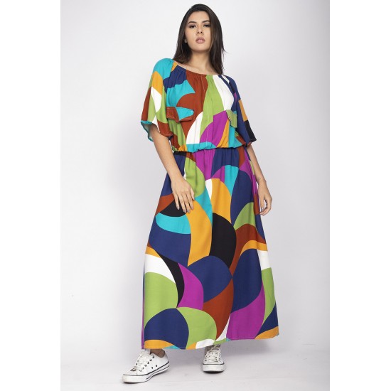 Vestido Midi Viscose Ciganinha com Lapela Estampa Jardim Azul