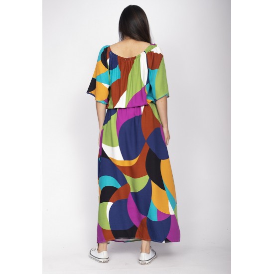 Vestido Midi Viscose Ciganinha com Lapela Estampa Jardim Azul
