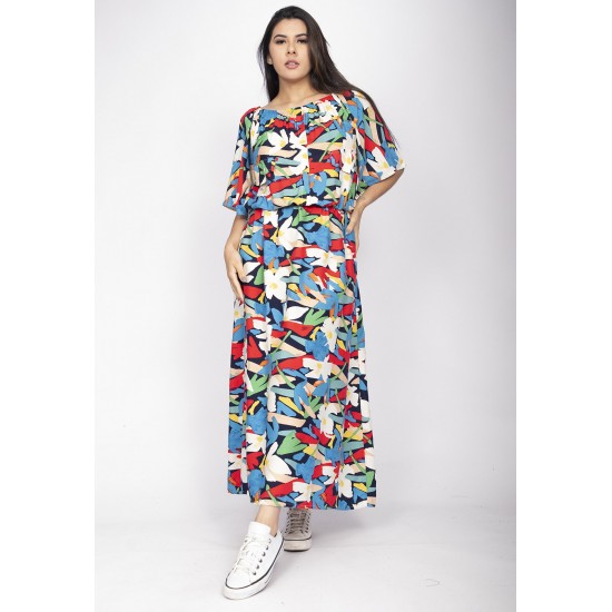 Vestido Midi Viscose Ciganinha com Lapela Estampa Floresce
