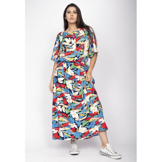 Vestido Midi Viscose Ciganinha com Lapela Estampa Floresce