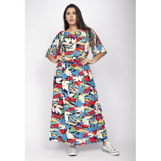 Vestido Midi Viscose Ciganinha com Lapela Estampa Floresce