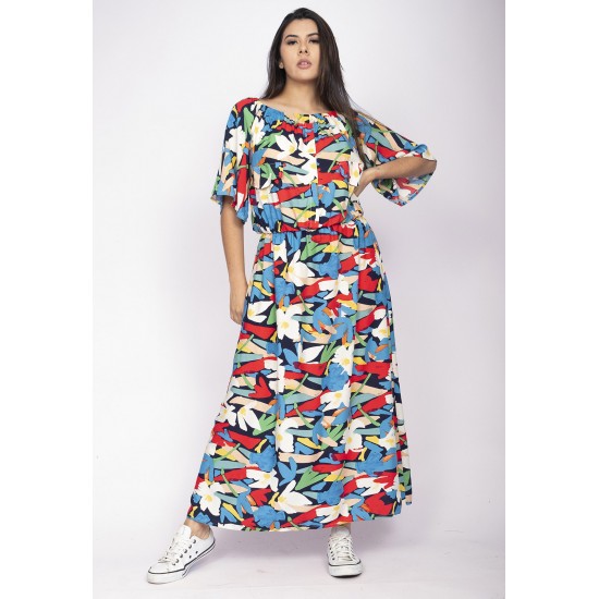 Vestido Midi Viscose Ciganinha com Lapela Estampa Floresce