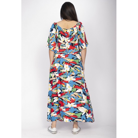 Vestido Midi Viscose Ciganinha com Lapela Estampa Floresce