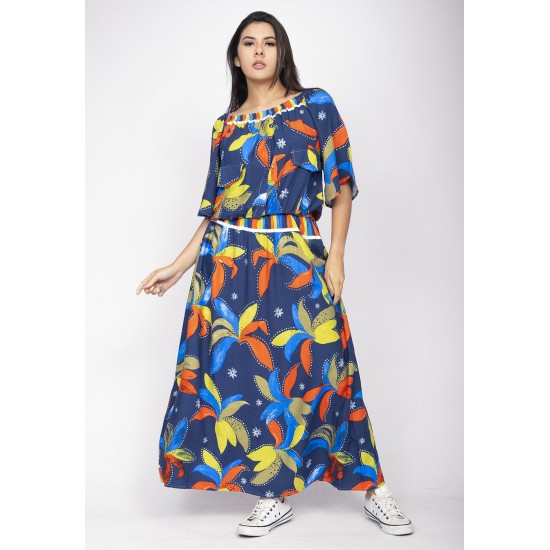 Vestido Midi Viscose Ciganinha com Lapela Estampa Maré Vibrante