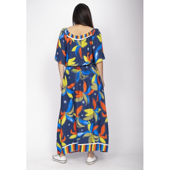 Vestido Midi Viscose Ciganinha com Lapela Estampa Maré Vibrante