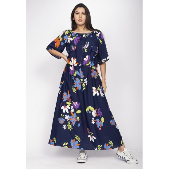 Vestido Midi Viscose Ciganinha com Lapela Estampa Festa das Flores Azul