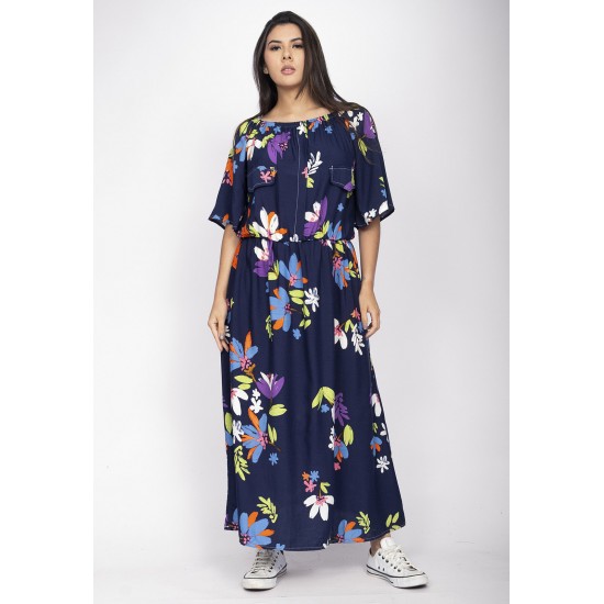 Vestido Midi Viscose Ciganinha com Lapela Estampa Festa das Flores Azul