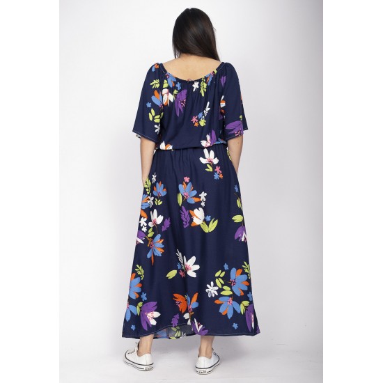 Vestido Midi Viscose Ciganinha com Lapela Estampa Festa das Flores Azul