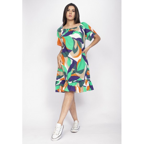 Vestido Curto Mullet Ombro a Ombro Estampa Brisa do Mar