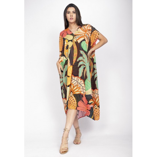 Vestido Kaftan Mutum Detalhes nas Costas Estampa Jardim do Verão