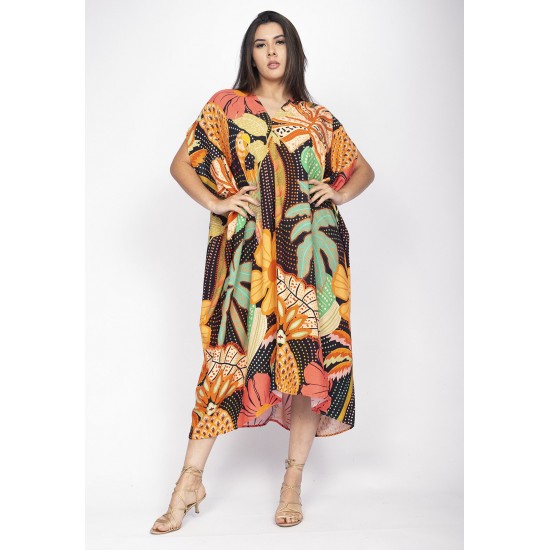 Vestido Kaftan Mutum Detalhes nas Costas Estampa Jardim do Verão