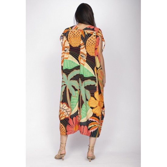 Vestido Kaftan Mutum Detalhes nas Costas Estampa Jardim do Verão