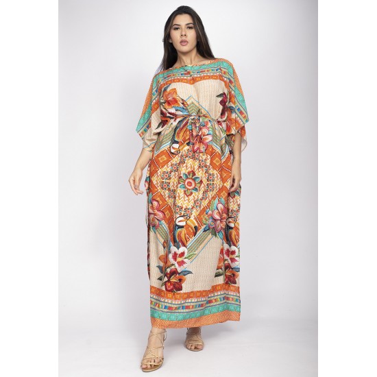 Vestido Kaftan Viscose Longo Estampa Tucano Urbano