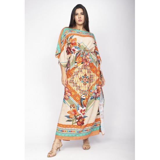 Vestido Kaftan Viscose Longo Estampa Tucano Urbano