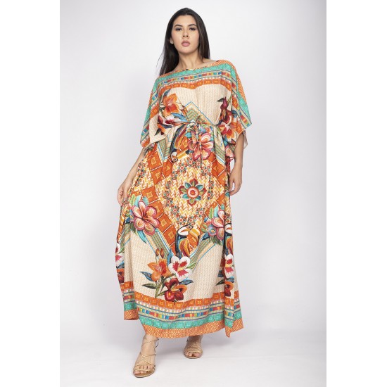 Vestido Kaftan Viscose Longo Estampa Tucano Urbano