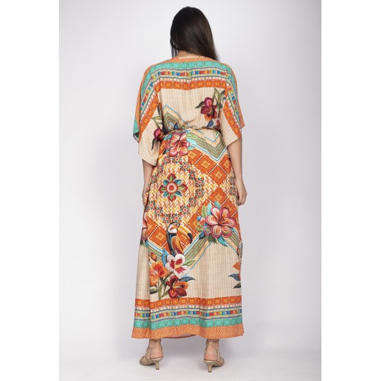 Vestido Kaftan Viscose Longo Estampa Tucano Urbano
