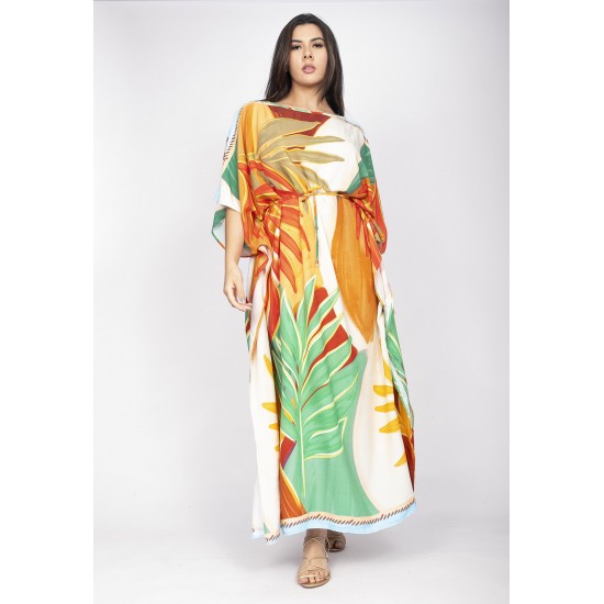 Vestido Kaftan Viscose Longo Estampa Jardim do Sol