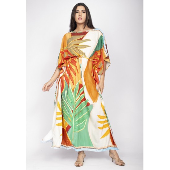Vestido Kaftan Viscose Longo Estampa Jardim do Sol