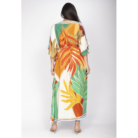Vestido Kaftan Viscose Longo Estampa Jardim do Sol