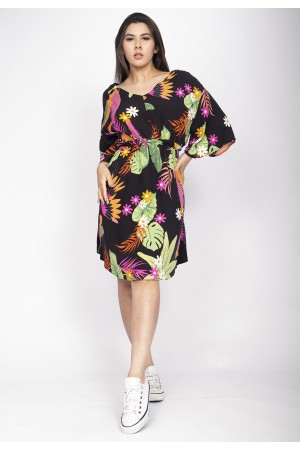 Vestido Curto Caaxixá Viscose com Cordão na Cintura Estampa Noite Botânica