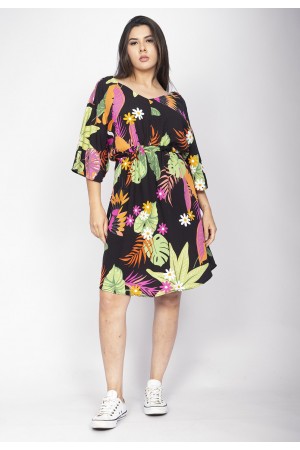 Vestido Curto Caaxixá Viscose com Cordão na Cintura Estampa Noite Botânica