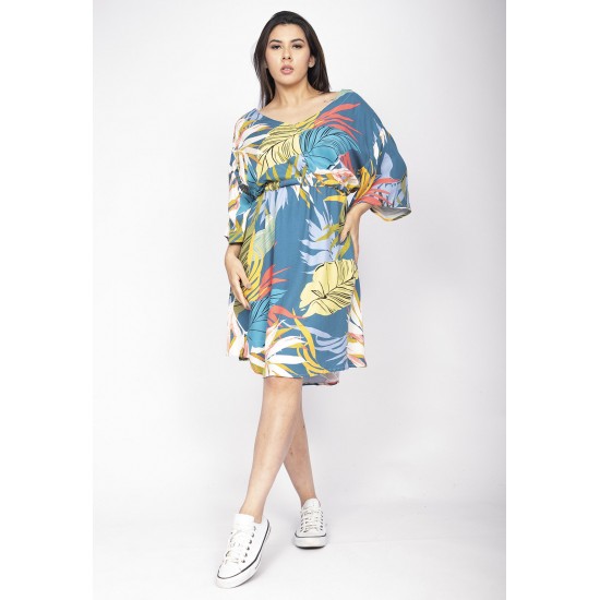 Vestido Curto Caaxixá Viscose com Cordão na Cintura Estampa Brisa Botânica