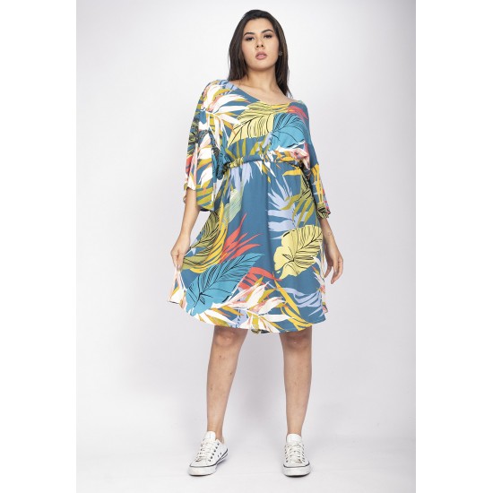 Vestido Curto Caaxixá Viscose com Cordão na Cintura Estampa Brisa Botânica