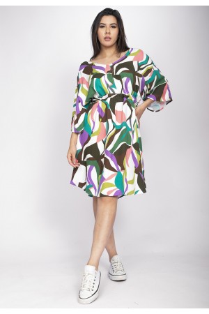 Vestido Curto Caaxixá Viscose com Cordão na Cintura Estampa Encanto Botânico