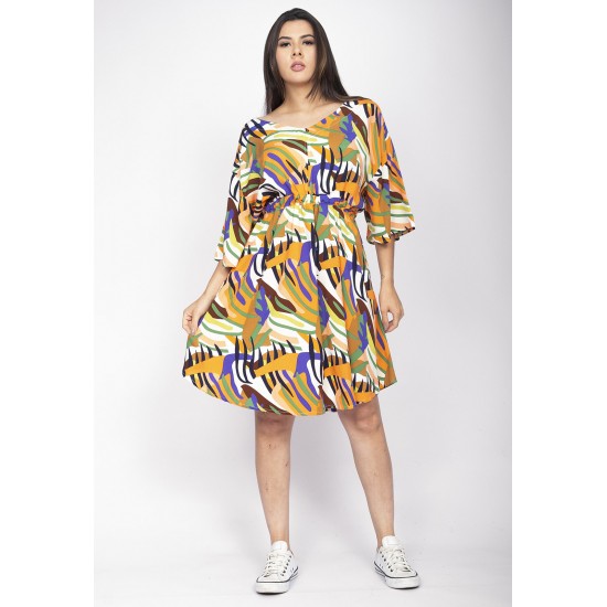 Vestido Curto Caaxixá Viscose com Cordão na Cintura Estampa Cores Vibrantes