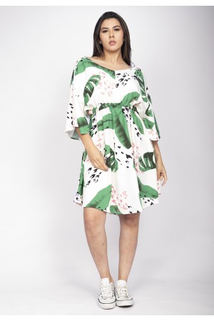 Vestido Curto Caaxixá Viscose com Cordão na Cintura Estampa Folhagem Poética