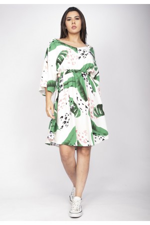 Vestido Curto Caaxixá Viscose com Cordão na Cintura Estampa Folhagem Poética