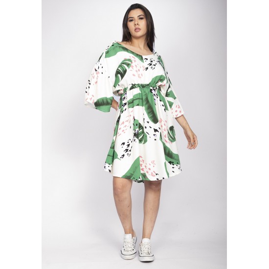 Vestido Curto Caaxixá Viscose com Cordão na Cintura Estampa Folhagem Poética