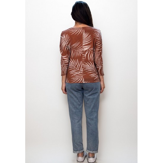 Blusa Morcego Ampla Manga 3/4 Estampa Palmas Terra