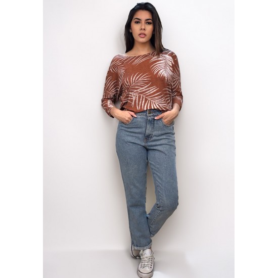 Blusa Morcego Ampla Manga 3/4 Estampa Palmas Terra