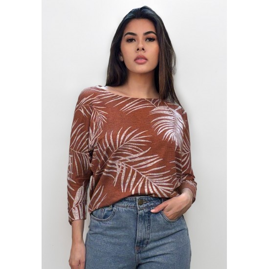 Blusa Morcego Ampla Manga 3/4 Estampa Palmas Terra