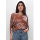 Blusa Morcego Ampla Manga 3/4 Estampa Palmas Terra